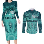 Australia Matildas Indigenous Couples Matching Long Sleeve Bodycon Dress and Long Sleeve Button Shirt NAIDOC 2024 Turquoise Color