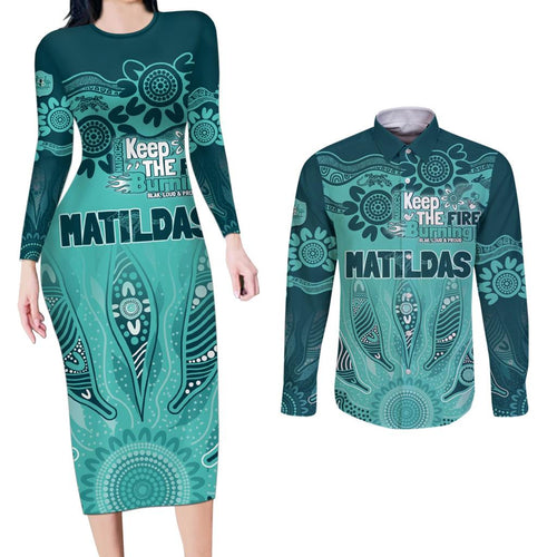 Australia Matildas Indigenous Couples Matching Long Sleeve Bodycon Dress and Long Sleeve Button Shirt NAIDOC 2024 Turquoise Color