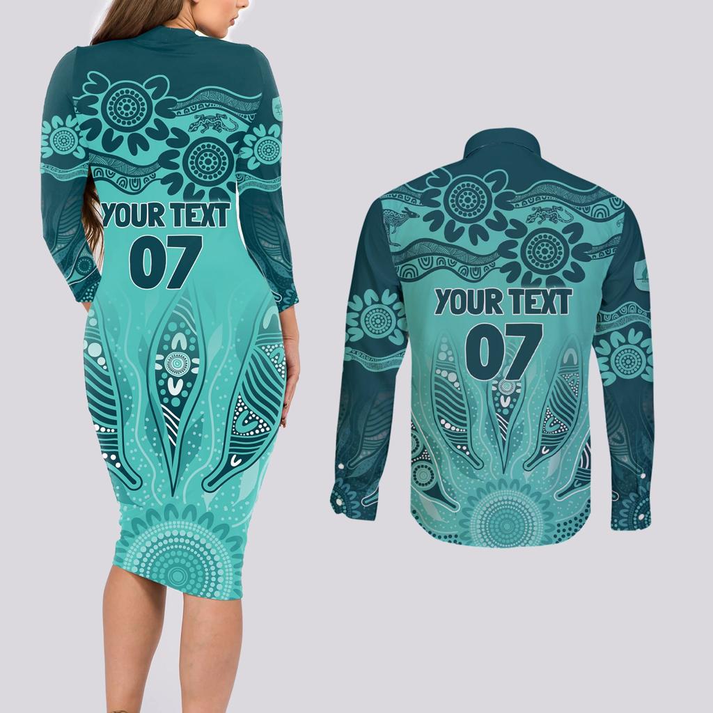Australia Matildas Indigenous Couples Matching Long Sleeve Bodycon Dress and Long Sleeve Button Shirt NAIDOC 2024 Turquoise Color