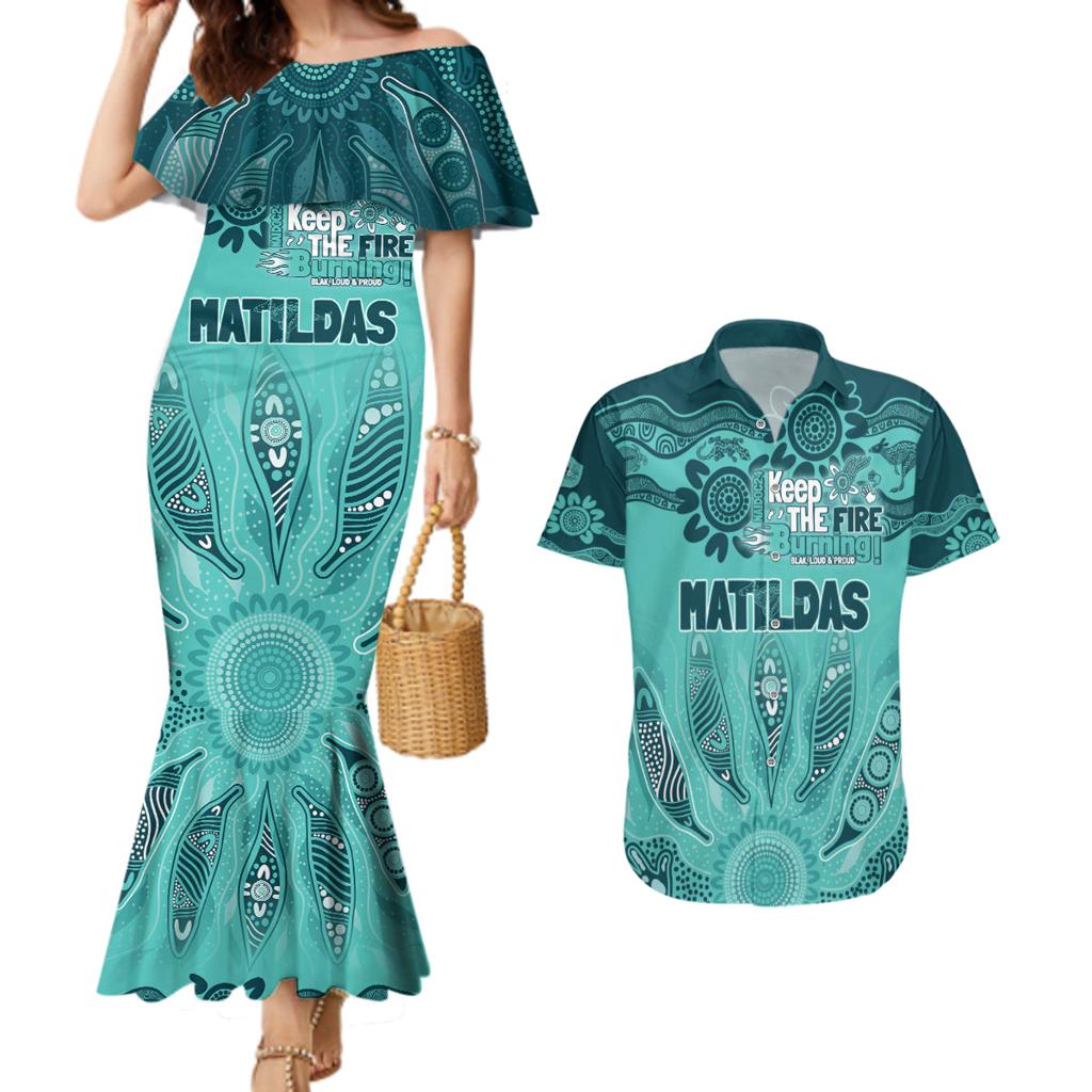 Australia Matildas Indigenous Couples Matching Mermaid Dress and Hawaiian Shirt NAIDOC 2024 Turquoise Color