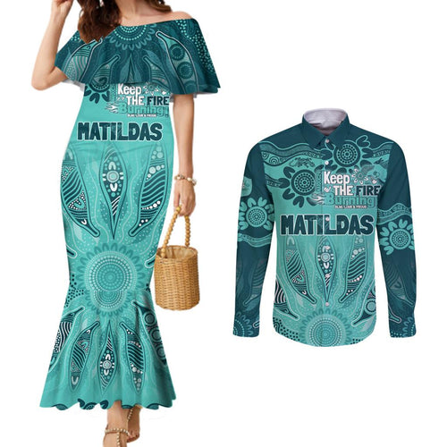 Australia Matildas Indigenous Couples Matching Mermaid Dress and Long Sleeve Button Shirt NAIDOC 2024 Turquoise Color