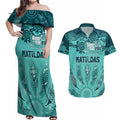 Australia Matildas Indigenous Couples Matching Off Shoulder Maxi Dress and Hawaiian Shirt NAIDOC 2024 Turquoise Color