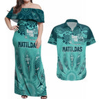 Australia Matildas Indigenous Couples Matching Off Shoulder Maxi Dress and Hawaiian Shirt NAIDOC 2024 Turquoise Color
