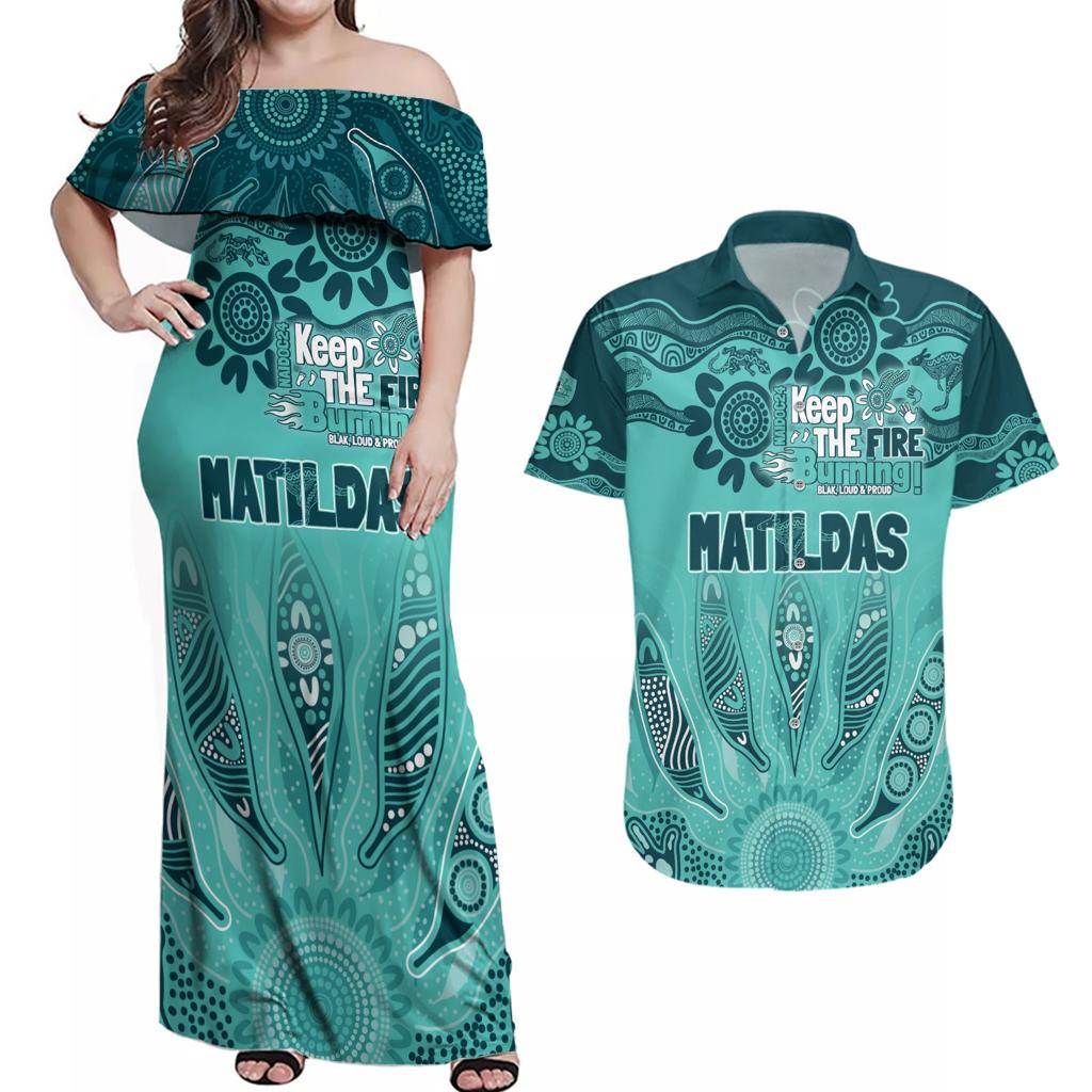 Australia Matildas Indigenous Couples Matching Off Shoulder Maxi Dress and Hawaiian Shirt NAIDOC 2024 Turquoise Color