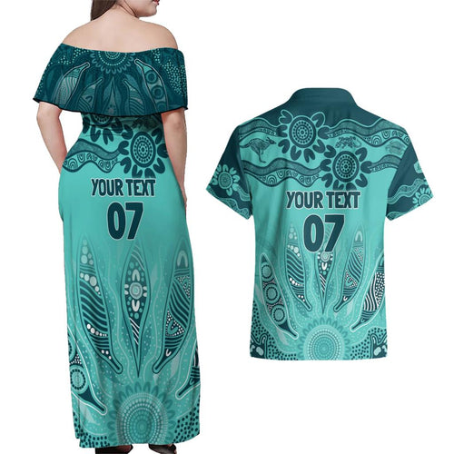 Australia Matildas Indigenous Couples Matching Off Shoulder Maxi Dress and Hawaiian Shirt NAIDOC 2024 Turquoise Color