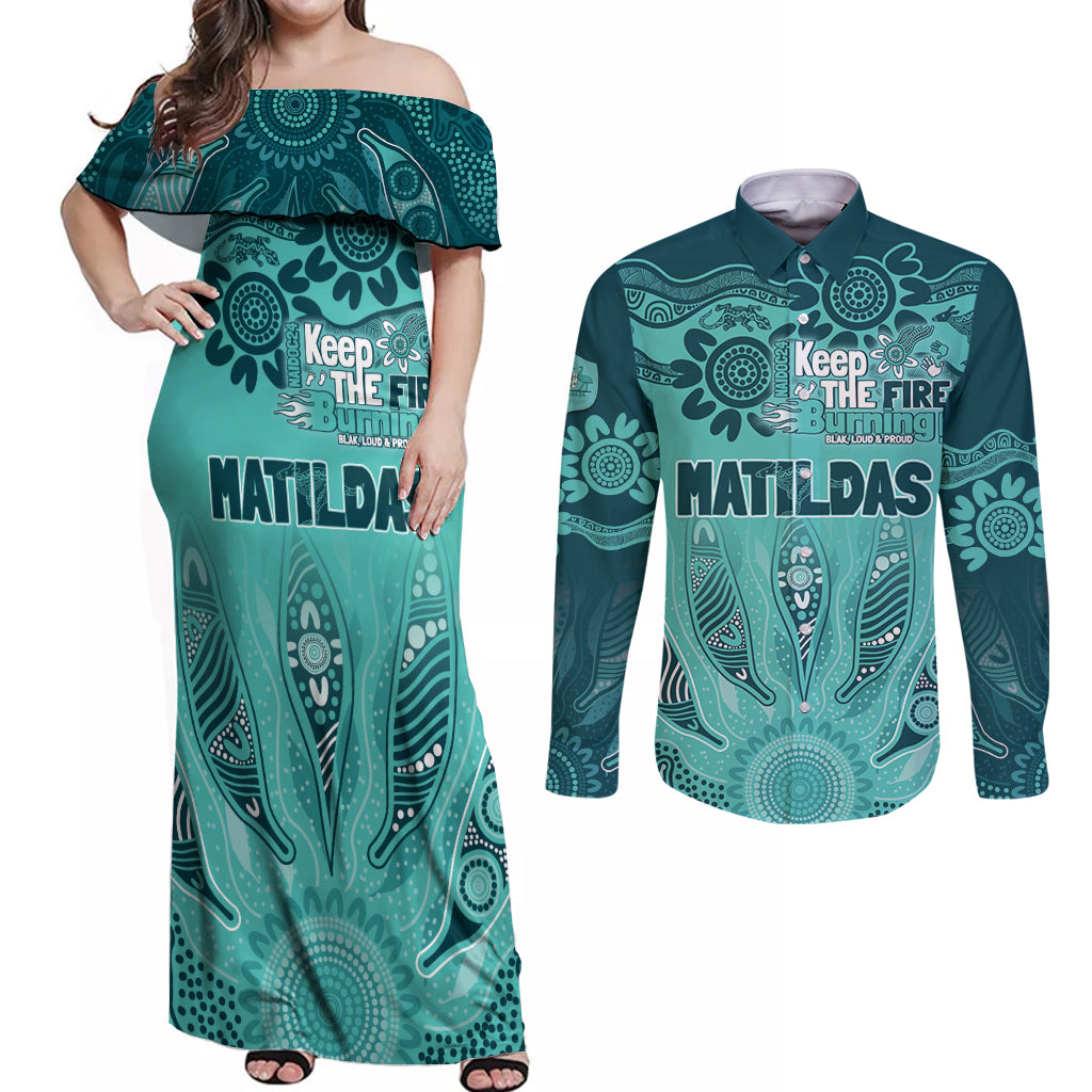 Australia Matildas Indigenous Couples Matching Off Shoulder Maxi Dress and Long Sleeve Button Shirt NAIDOC 2024 Turquoise Color