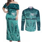 Australia Matildas Indigenous Couples Matching Off Shoulder Maxi Dress and Long Sleeve Button Shirt NAIDOC 2024 Turquoise Color