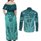 Australia Matildas Indigenous Couples Matching Off Shoulder Maxi Dress and Long Sleeve Button Shirt NAIDOC 2024 Turquoise Color