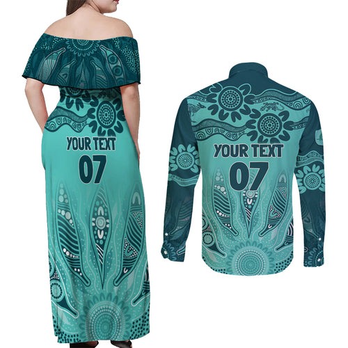 Australia Matildas Indigenous Couples Matching Off Shoulder Maxi Dress and Long Sleeve Button Shirt NAIDOC 2024 Turquoise Color