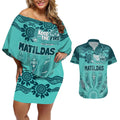Australia Matildas Indigenous Couples Matching Off Shoulder Short Dress and Hawaiian Shirt NAIDOC 2024 Turquoise Color