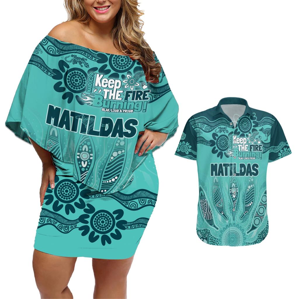 Australia Matildas Indigenous Couples Matching Off Shoulder Short Dress and Hawaiian Shirt NAIDOC 2024 Turquoise Color