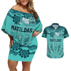 Australia Matildas Indigenous Couples Matching Off Shoulder Short Dress and Hawaiian Shirt NAIDOC 2024 Turquoise Color