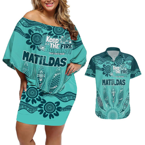 Australia Matildas Indigenous Couples Matching Off Shoulder Short Dress and Hawaiian Shirt NAIDOC 2024 Turquoise Color