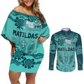 Australia Matildas Indigenous Couples Matching Off Shoulder Short Dress and Long Sleeve Button Shirt NAIDOC 2024 Turquoise Color