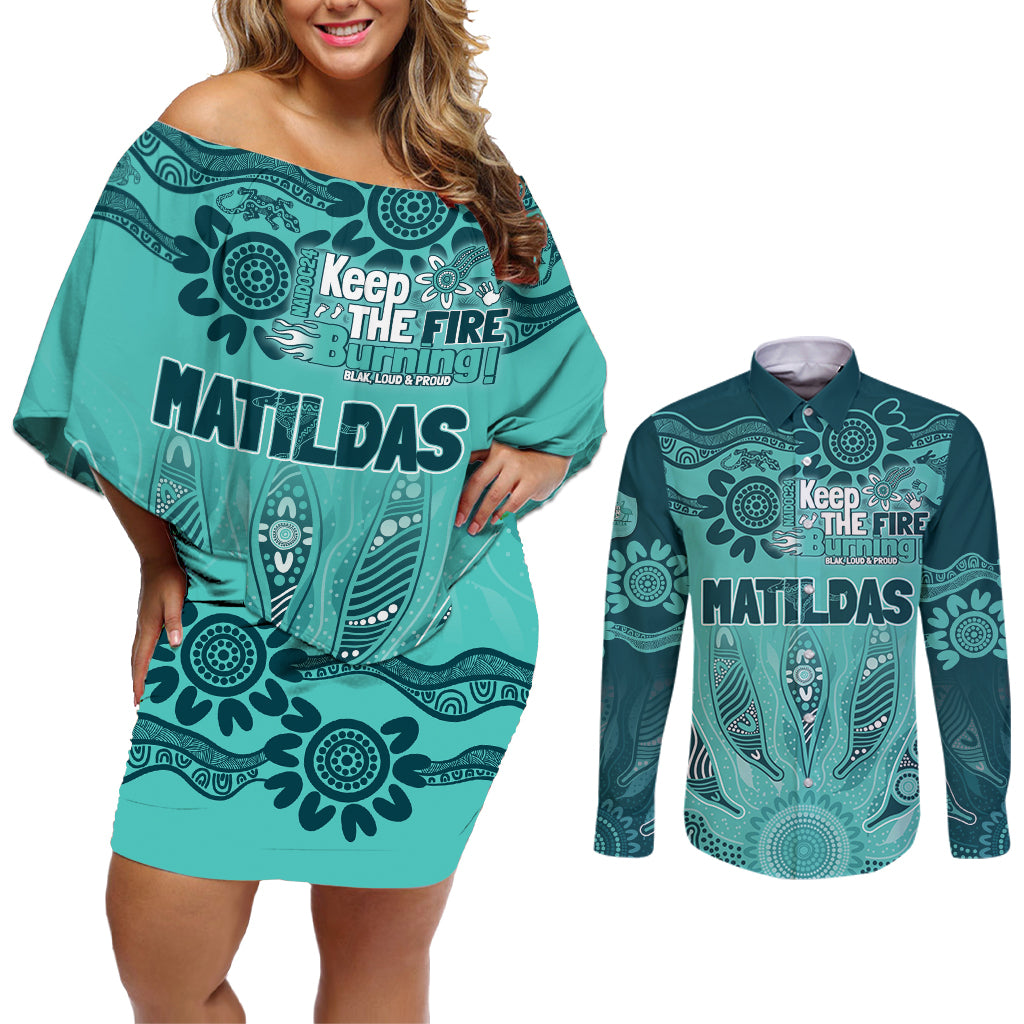 Australia Matildas Indigenous Couples Matching Off Shoulder Short Dress and Long Sleeve Button Shirt NAIDOC 2024 Turquoise Color