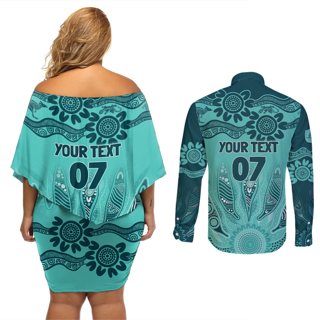 Australia Matildas Indigenous Couples Matching Off Shoulder Short Dress and Long Sleeve Button Shirt NAIDOC 2024 Turquoise Color