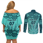 Australia Matildas Indigenous Couples Matching Off Shoulder Short Dress and Long Sleeve Button Shirt NAIDOC 2024 Turquoise Color