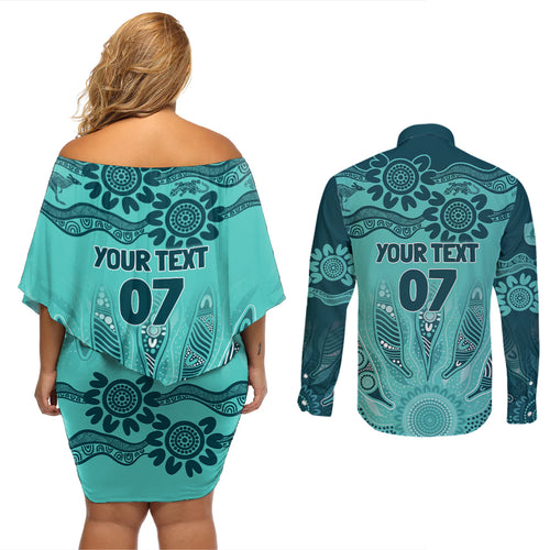 Australia Matildas Indigenous Couples Matching Off Shoulder Short Dress and Long Sleeve Button Shirt NAIDOC 2024 Turquoise Color