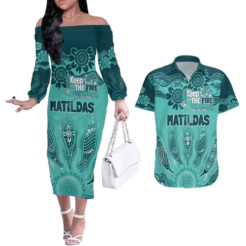 Australia Matildas Indigenous Couples Matching Off The Shoulder Long Sleeve Dress and Hawaiian Shirt NAIDOC 2024 Turquoise Color