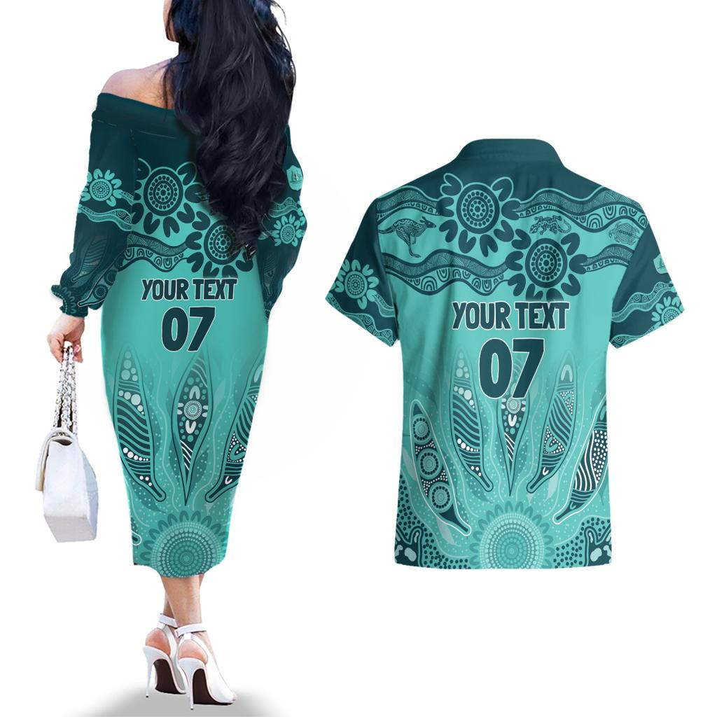 Australia Matildas Indigenous Couples Matching Off The Shoulder Long Sleeve Dress and Hawaiian Shirt NAIDOC 2024 Turquoise Color
