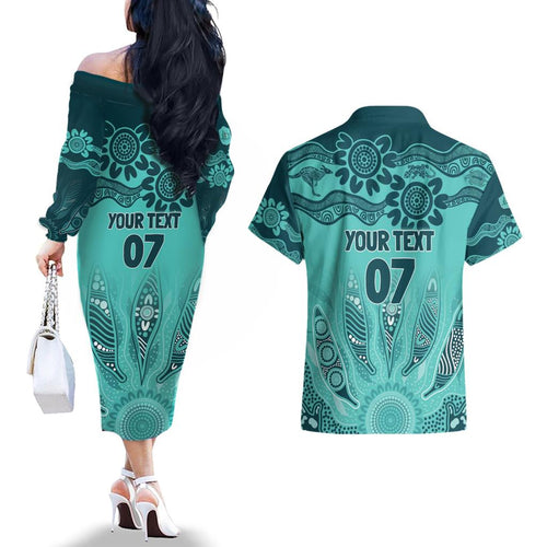 Australia Matildas Indigenous Couples Matching Off The Shoulder Long Sleeve Dress and Hawaiian Shirt NAIDOC 2024 Turquoise Color