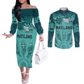 Australia Matildas Indigenous Couples Matching Off The Shoulder Long Sleeve Dress and Long Sleeve Button Shirt NAIDOC 2024 Turquoise Color