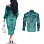 Australia Matildas Indigenous Couples Matching Off The Shoulder Long Sleeve Dress and Long Sleeve Button Shirt NAIDOC 2024 Turquoise Color