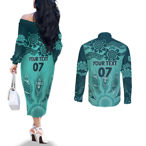Australia Matildas Indigenous Couples Matching Off The Shoulder Long Sleeve Dress and Long Sleeve Button Shirt NAIDOC 2024 Turquoise Color