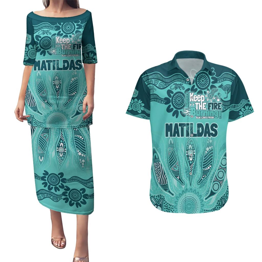 Australia Matildas Indigenous Couples Matching Puletasi and Hawaiian Shirt NAIDOC 2024 Turquoise Color