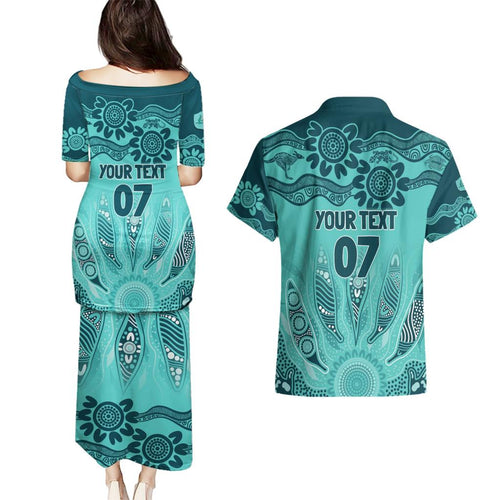 Australia Matildas Indigenous Couples Matching Puletasi and Hawaiian Shirt NAIDOC 2024 Turquoise Color