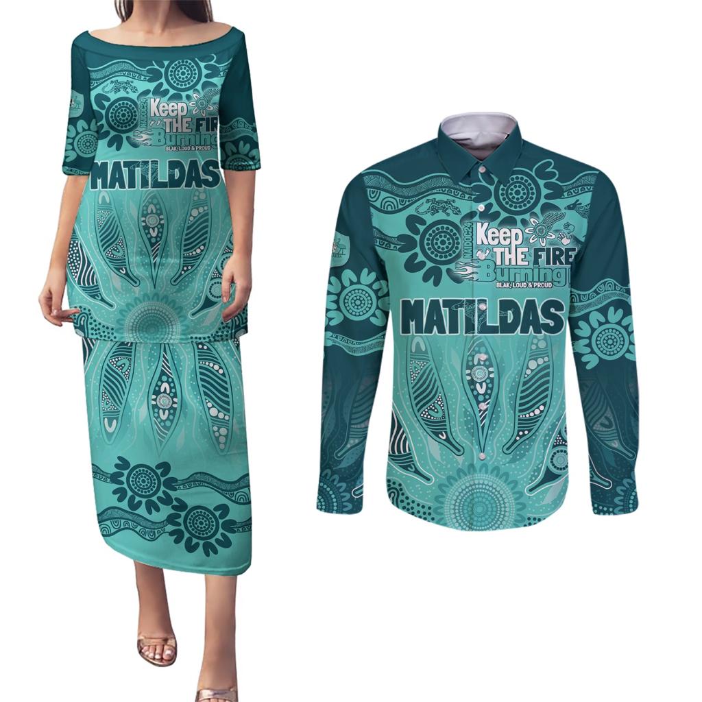 Australia Matildas Indigenous Couples Matching Puletasi and Long Sleeve Button Shirt NAIDOC 2024 Turquoise Color