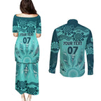Australia Matildas Indigenous Couples Matching Puletasi and Long Sleeve Button Shirt NAIDOC 2024 Turquoise Color