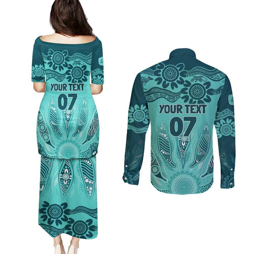 Australia Matildas Indigenous Couples Matching Puletasi and Long Sleeve Button Shirt NAIDOC 2024 Turquoise Color