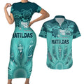 Australia Matildas Indigenous Couples Matching Short Sleeve Bodycon Dress and Hawaiian Shirt NAIDOC 2024 Turquoise Color