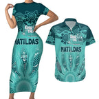 Australia Matildas Indigenous Couples Matching Short Sleeve Bodycon Dress and Hawaiian Shirt NAIDOC 2024 Turquoise Color