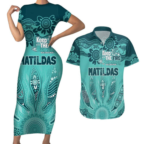 Australia Matildas Indigenous Couples Matching Short Sleeve Bodycon Dress and Hawaiian Shirt NAIDOC 2024 Turquoise Color