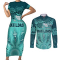 Australia Matildas Indigenous Couples Matching Short Sleeve Bodycon Dress and Long Sleeve Button Shirt NAIDOC 2024 Turquoise Color