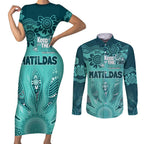 Australia Matildas Indigenous Couples Matching Short Sleeve Bodycon Dress and Long Sleeve Button Shirt NAIDOC 2024 Turquoise Color