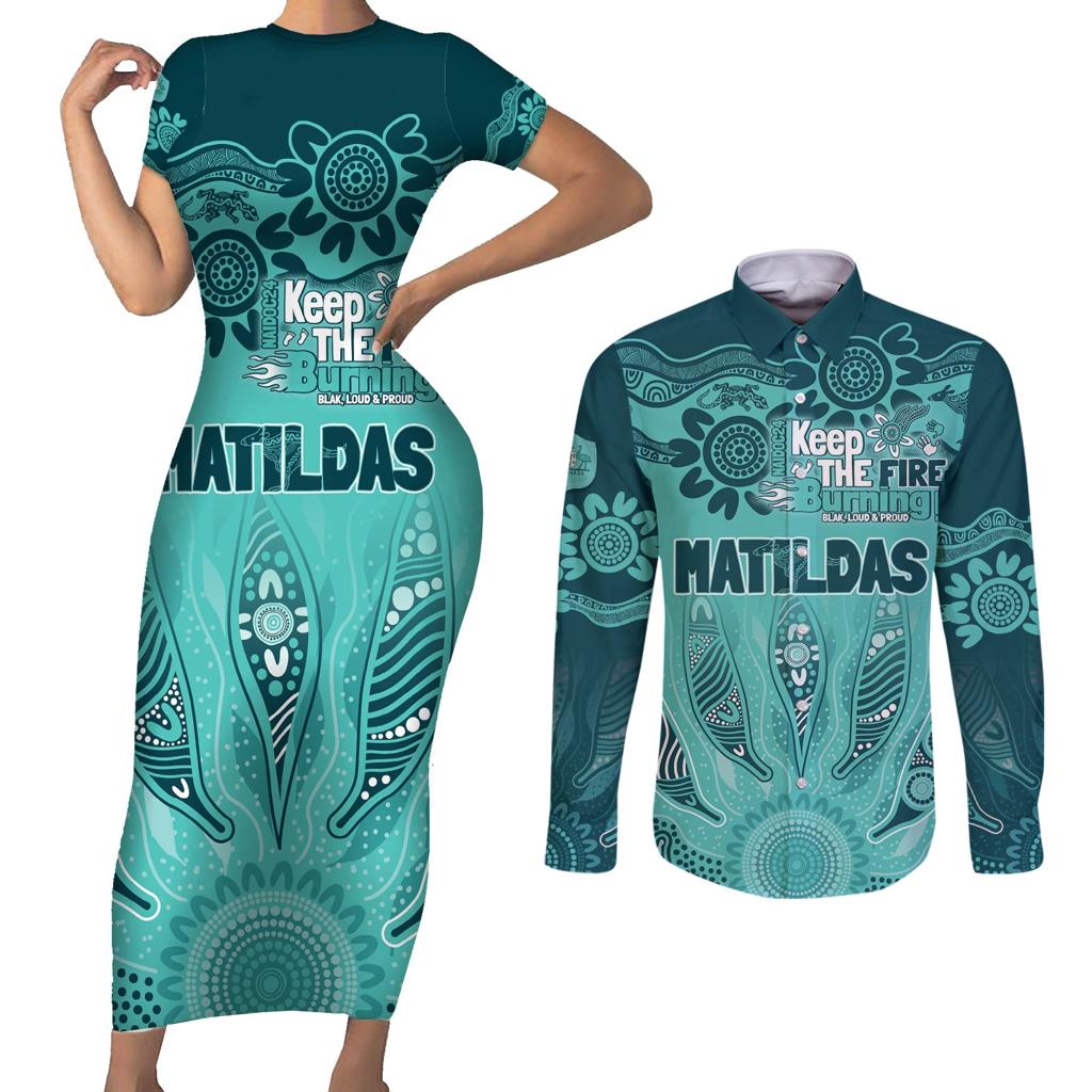 Australia Matildas Indigenous Couples Matching Short Sleeve Bodycon Dress and Long Sleeve Button Shirt NAIDOC 2024 Turquoise Color
