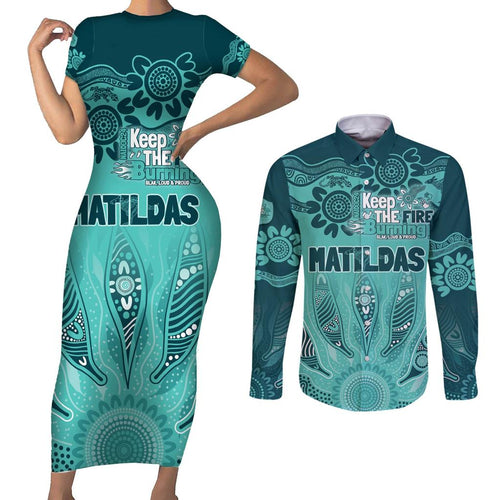 Australia Matildas Indigenous Couples Matching Short Sleeve Bodycon Dress and Long Sleeve Button Shirt NAIDOC 2024 Turquoise Color
