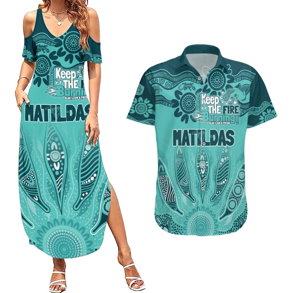 Australia Matildas Indigenous Couples Matching Summer Maxi Dress and Hawaiian Shirt NAIDOC 2024 Turquoise Color