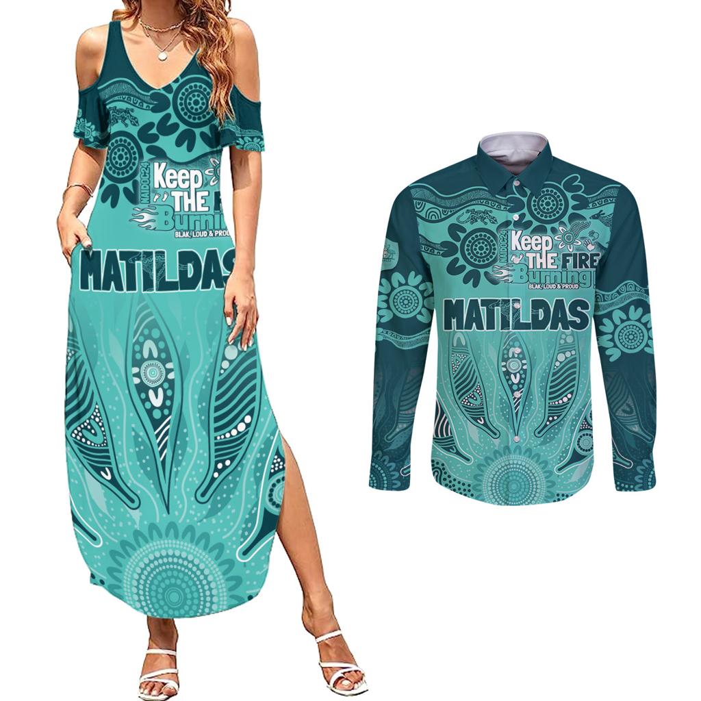 Australia Matildas Indigenous Couples Matching Summer Maxi Dress and Long Sleeve Button Shirt NAIDOC 2024 Turquoise Color