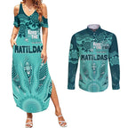 Australia Matildas Indigenous Couples Matching Summer Maxi Dress and Long Sleeve Button Shirt NAIDOC 2024 Turquoise Color
