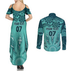 Australia Matildas Indigenous Couples Matching Summer Maxi Dress and Long Sleeve Button Shirt NAIDOC 2024 Turquoise Color