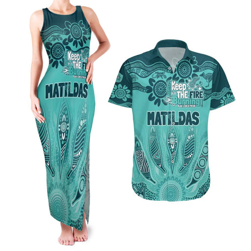 Australia Matildas Indigenous Couples Matching Tank Maxi Dress and Hawaiian Shirt NAIDOC 2024 Turquoise Color