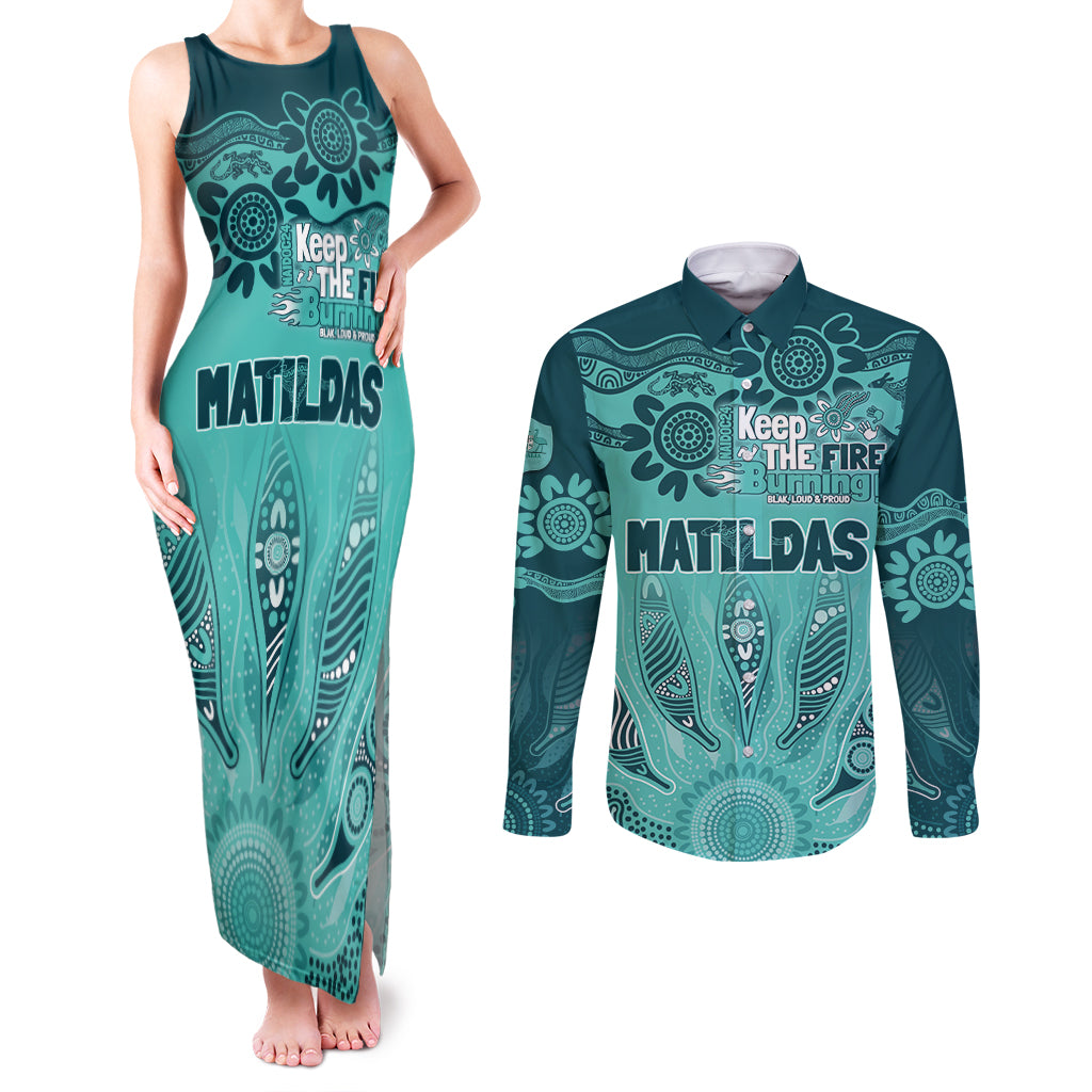 Australia Matildas Indigenous Couples Matching Tank Maxi Dress and Long Sleeve Button Shirt NAIDOC 2024 Turquoise Color