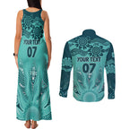 Australia Matildas Indigenous Couples Matching Tank Maxi Dress and Long Sleeve Button Shirt NAIDOC 2024 Turquoise Color
