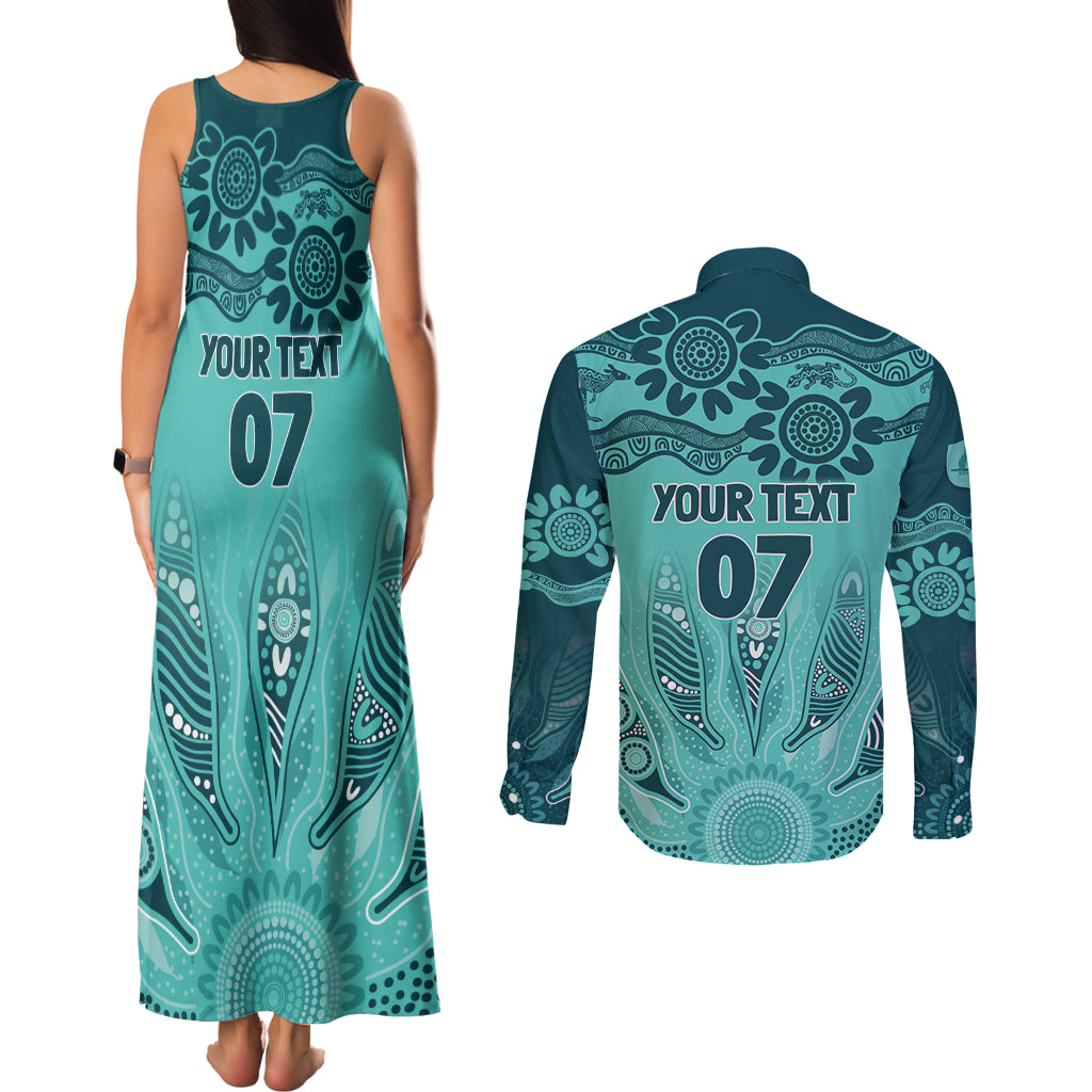 Australia Matildas Indigenous Couples Matching Tank Maxi Dress and Long Sleeve Button Shirt NAIDOC 2024 Turquoise Color