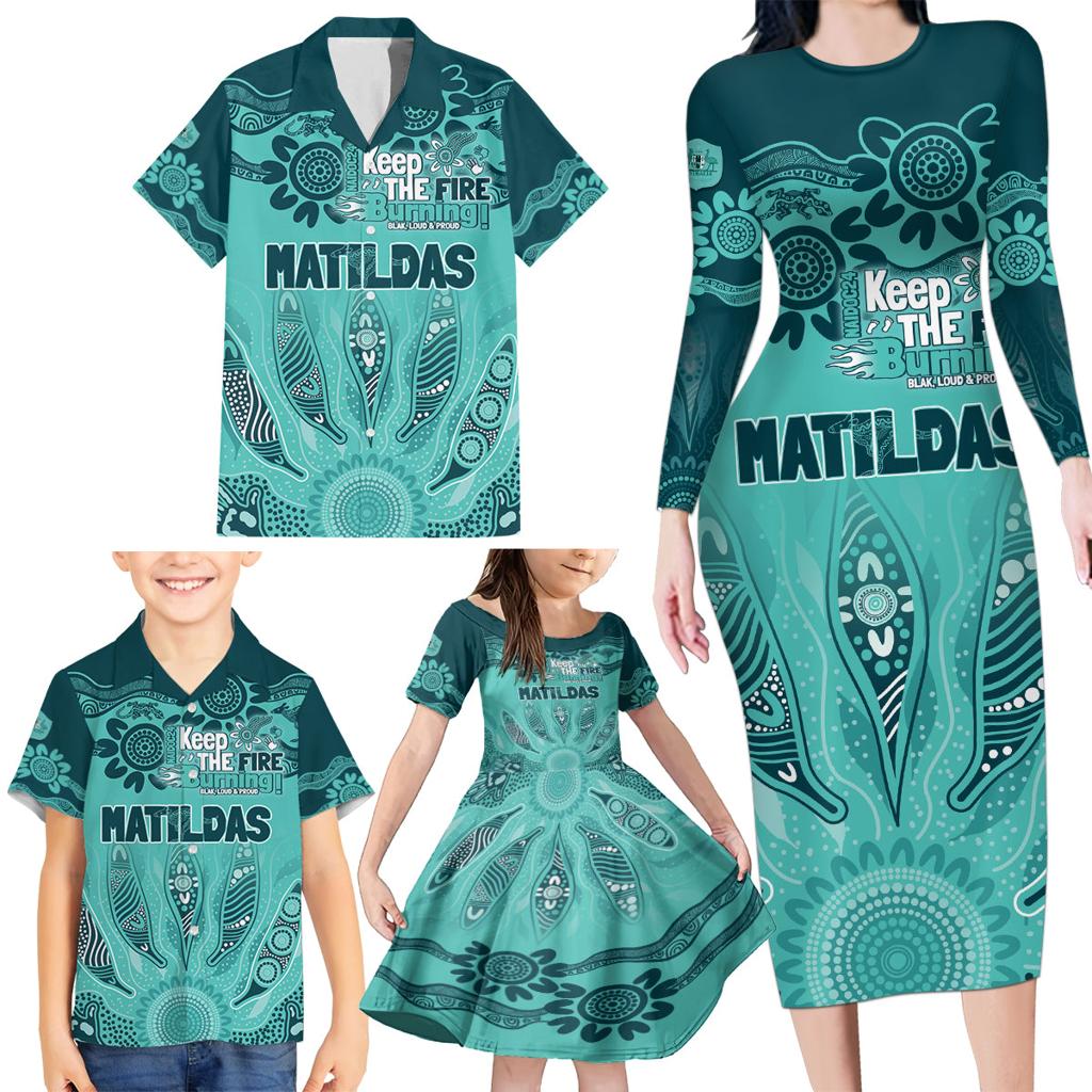 Australia Matildas Indigenous Family Matching Long Sleeve Bodycon Dress and Hawaiian Shirt NAIDOC 2024 Turquoise Color