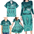 Australia Matildas Indigenous Family Matching Long Sleeve Bodycon Dress and Hawaiian Shirt NAIDOC 2024 Turquoise Color